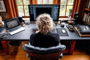 Person working on design at dark wooden desk near window photo