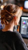 Woman edits on a computer at dusk in home office photo