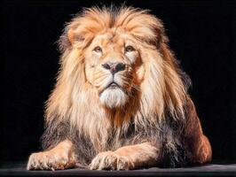 Majestic male lion rests peacefully on a dark background photo