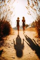 Two women walk hand in hand on rural path at sunset photo
