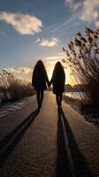 Two young women walking hand-in-hand at sunset in Winter photo
