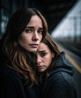 Two worried women embrace at a gloomy train station photo