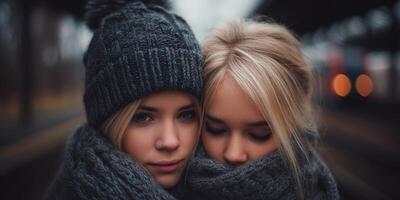Two young women in winter clothing stand close together photo