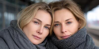 Two blonde women embrace in scarves on a train platform photo