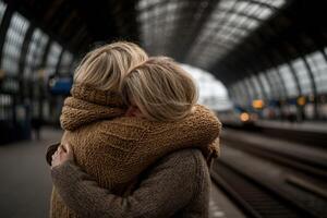Two women embrace on a train platform in Central Europe photo