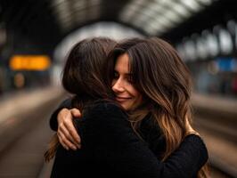 Two women embrace at Train Station in Early Evening photo