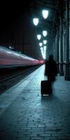 Traveler with luggage at night train station platform waits photo