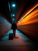 Man walking with rolling suitcase in futuristic train station photo