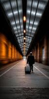 Man walking with luggage in a long illuminated tunnel photo