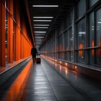 Traveler walking through modern Airport Terminal with suitcase photo