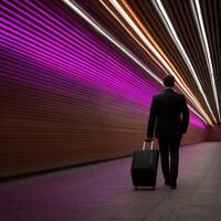 Businessman travels through a colorful illuminated tunnel photo