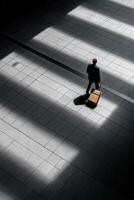 Man in suit walks with luggage in bright sunny airport photo