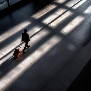 Man walking with luggage in airport terminal with sunlight photo