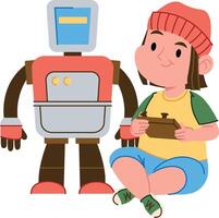 Child Boy Playing with Friendly Robot vector