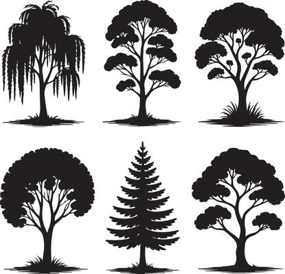 Collection of six distinct black tree silhouettes on a white background