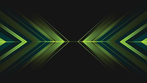 Abstract green arrows background with glowing neon layers on dark backdrop, ideal for tech, gaming, and digital themes in modern design projects vector
