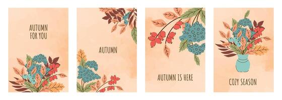 Cute Fall Autumn Watercolor Background Template Poster Set with Leaves Branches Berries Vase. Modern Colorful Trendy Card or Covers in Autumn Colors. Fall Flyer Border Illustration Sale, Invitation. vector