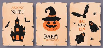 Happy Halloween Flat Invitation greeting Card set with spooky Icons on Vintage antique old paper sheets with ripped edges. Halloween Background Poster texture of vintage paper or parchment. vector