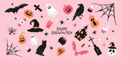 Halloween themed cartoon icons on pink background vector