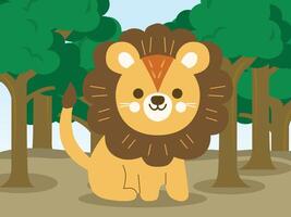 cute lion standing in the forest, with trees in the background vector