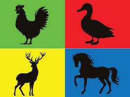 animal silhouettes of chicken, duck, deer, horse vector
