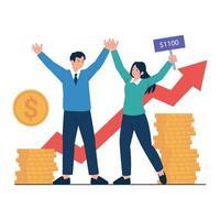 A man and woman celebrate a financial achievement with raised hands, coins, and a rising arrow behind them. vector