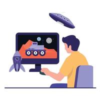 A person remotely operates a space rover using a desktop computer while a UFO floats nearby. vector