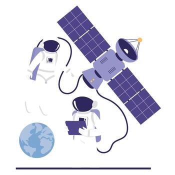 Two astronauts perform tasks near a large satellite while Earth floats in the background, showing space teamwork. vector