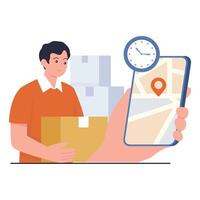 A courier monitors parcel delivery with a mobile app showing location and time tracking. vector