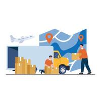 Workers prepare packages for delivery using truck transport with route map and airplane. vector