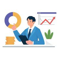 A man in a suit explains business strategy with pie charts and profit analytics on display. vector