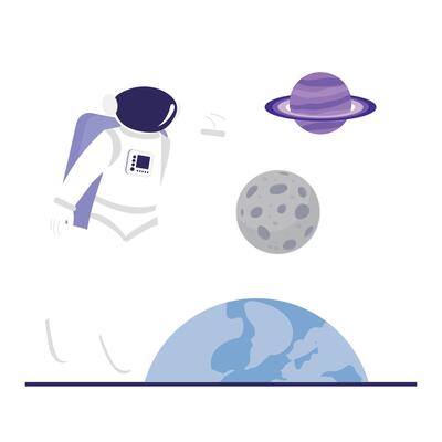 A lone astronaut floats in outer space near planets, representing freedom and space exploration.