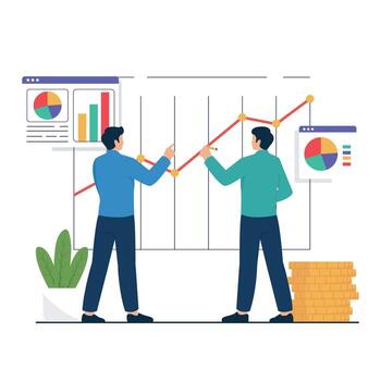 Two men stand in front of a financial graph, discussing upward revenue trends using analytics dashboards. vector