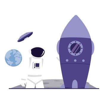 un astronauta en un planetario superficie olas junto a un cohete y observa un volador OVNI. vector