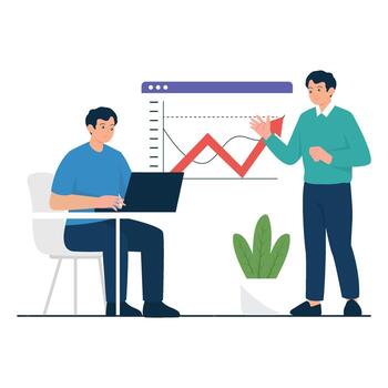 A man explains a fluctuating market chart to a seated colleague, highlighting data trends and business insights. vector