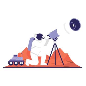 An astronaut kneels on a planet surface using a telescope to observe distant space objects. vector
