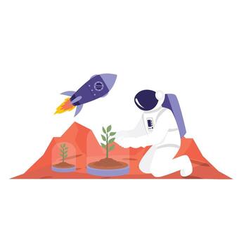 An astronaut plants greenery on a red planet while a rocket launches in the background. vector