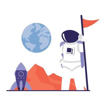 An astronaut stands on a red planet holding a flag with Earth in the background, symbolizing exploration. vector