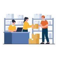 Workers manage inventory by receiving and logging packages in a warehouse setting with organized shelves. vector