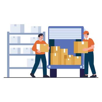 Two workers load boxes into a delivery truck in a warehouse setting. vector