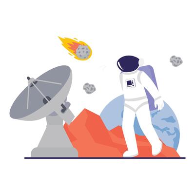 An astronaut walks near a satellite dish while meteors fly through space.