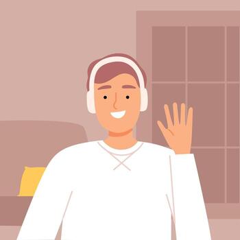 Man in Headphones Communicating from Home Using Computer, Call, Man Chatting with Friends or Working Online, Quarantine, Isolation Concept Illustration vector