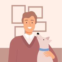 Smiling Young Man Communicating Online from Home, Guy with his Dog Chatting with Friends or Working Online during Quarantine or Isolation Illustration vector