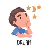Dream Word, the Verb Expressing the Action, Children Education Concept, Cute Dreaming Boy Cartoon Style Illustration vector