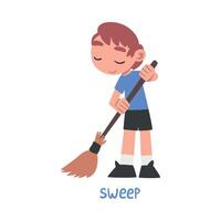 Sweep Word, the Verb Expressing the Action, Children Education Concept, Cute Boy Sweeping with Broom Cartoon Style Illustration vector