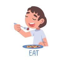 Eat Word, the Verb Expressing the Action, Children Education Concept, Cute Boy Eating at the Table Cartoon Style Illustration vector