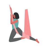 Girl Doing Air Yoga, Slim Girl in Sportswear Practicing Flying Anti Gravity Yoga with Hammock Cartoon Style Illustration vector