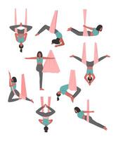 Girl Doing Air Yoga Set, Slim Young Woman Practicing Flying Anti Gravity Yoga with Hammock, Healthy Lifestyle Concept Cartoon Style Illustration vector