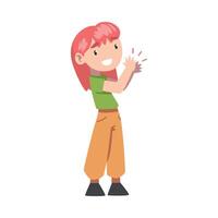 Cute Redhead Little Girl Clapping her Hands, Adorable Kid Expressing Enjoyment, Appreciation, Delight Cartoon Style Illustration vector
