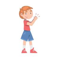 Cute Little Boy in Shorts and T-shirt Clapping his Hands, Happy Kid Expressing Enjoyment, Appreciation, Delight Cartoon Style Illustration vector